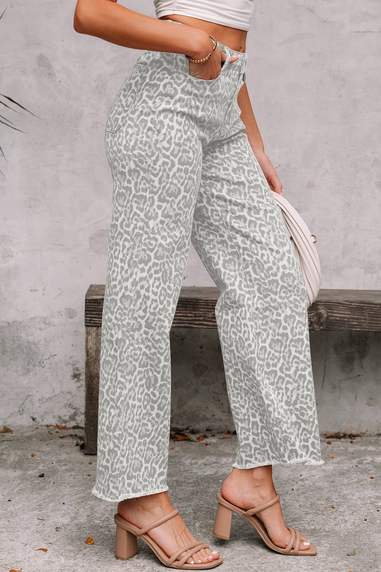 Leopard /Polka Dot Frayed Edge Wide Leg High Waist Jeans