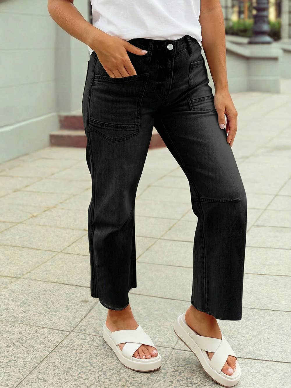 Solid Frayed Regular Cropped Light Wash Denim Jeans 4-4X
