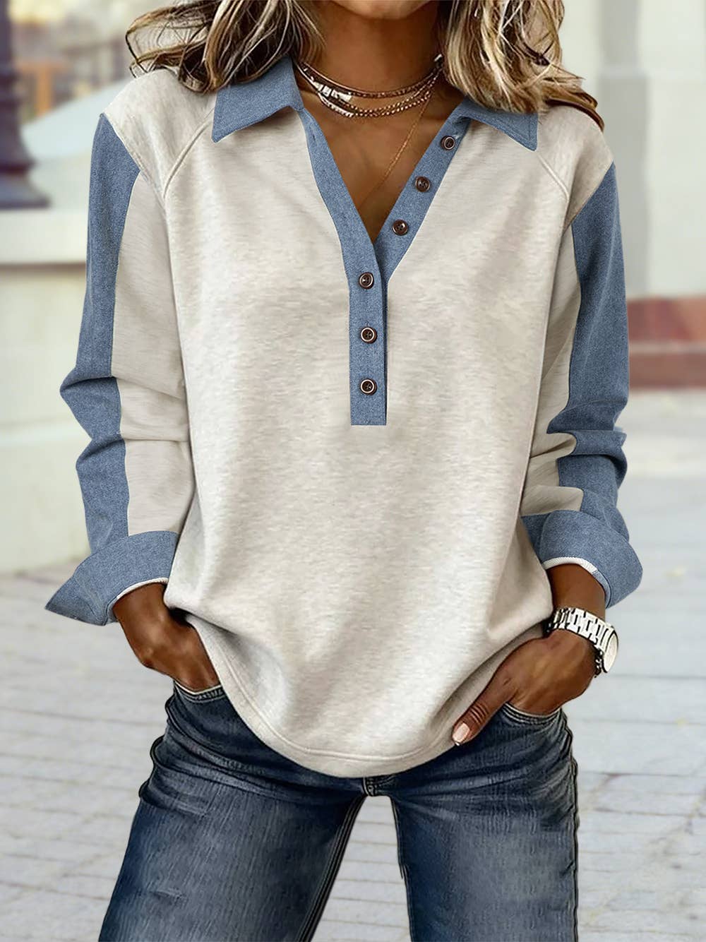 Denim Patchwork Buttoned Polo Collar Long Sleeve Top