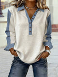 Denim Patchwork Buttoned Polo Collar Long Sleeve Top