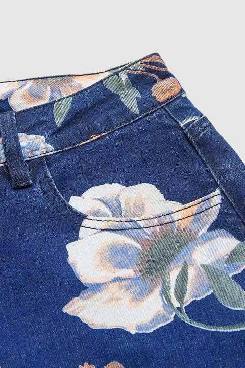 Floral printed blue jeans Straight Leg Long Pants