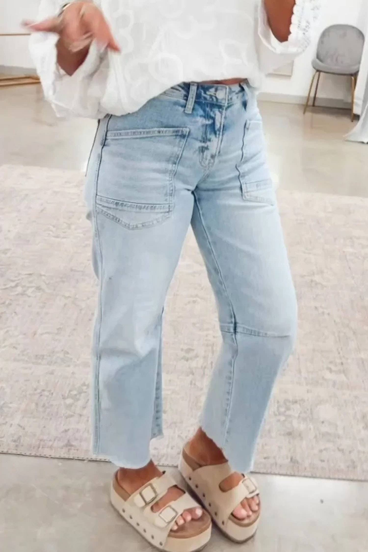 Solid Frayed Regular Cropped Light Wash Denim Jeans 4-4X