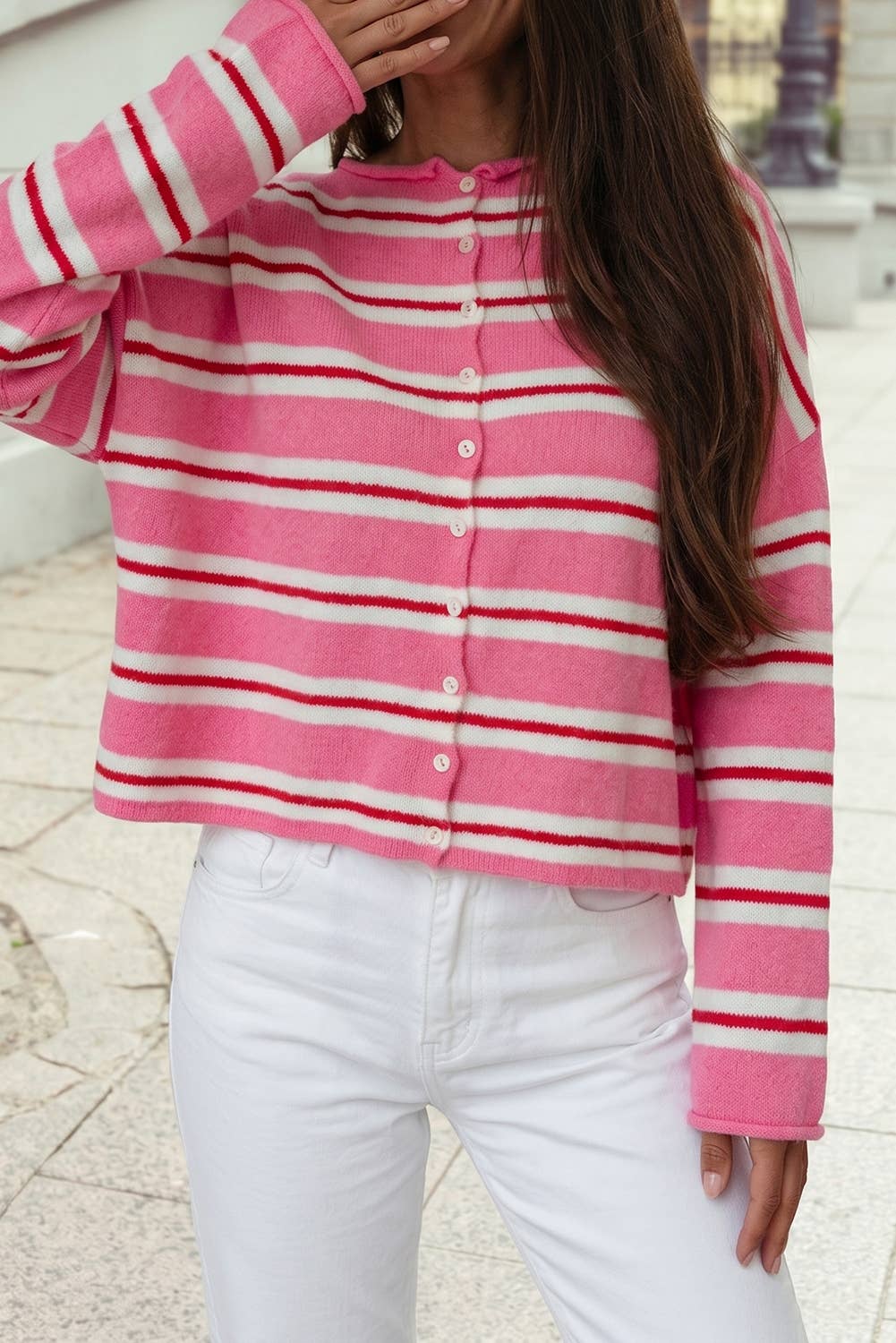 Button Front Long Sleeve Drop Shoulder Sweater Cardigan