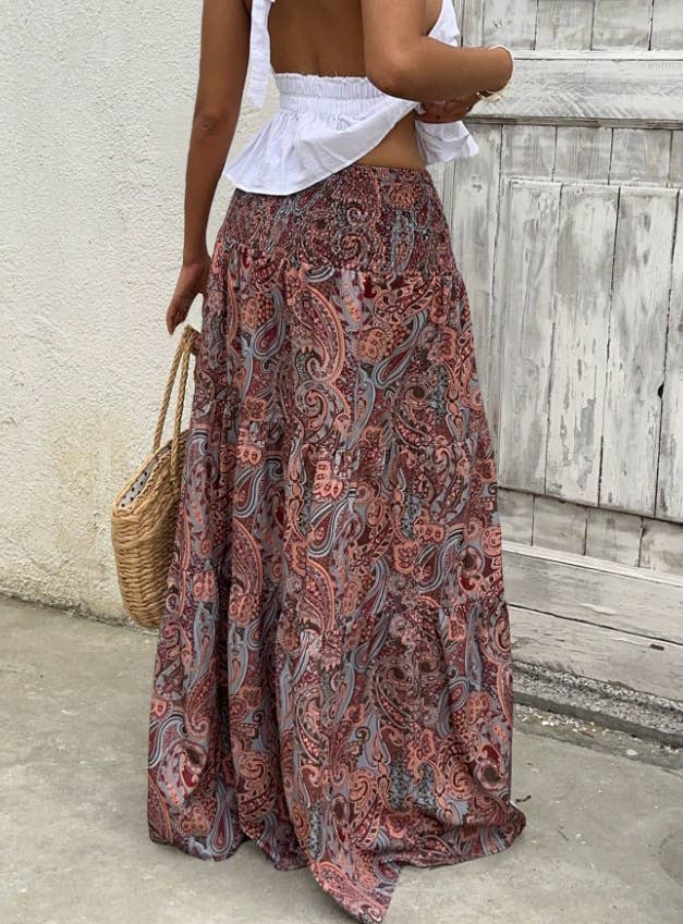 Beach Boho Floral Paisley Smocked Waistband Maxi Skirt