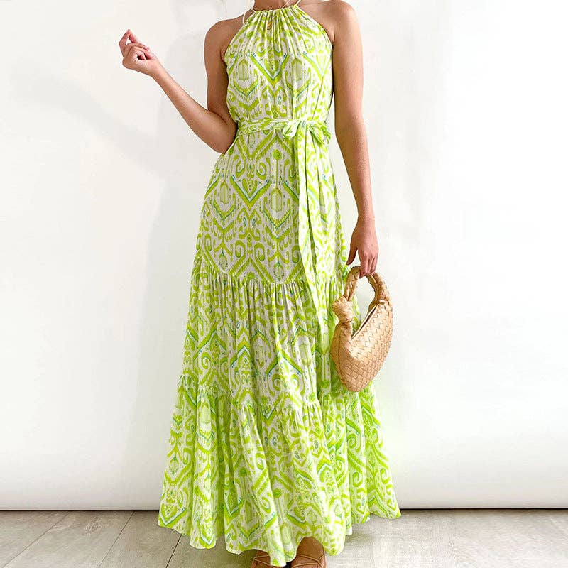 Women High Waist Beach Print Halter Dress