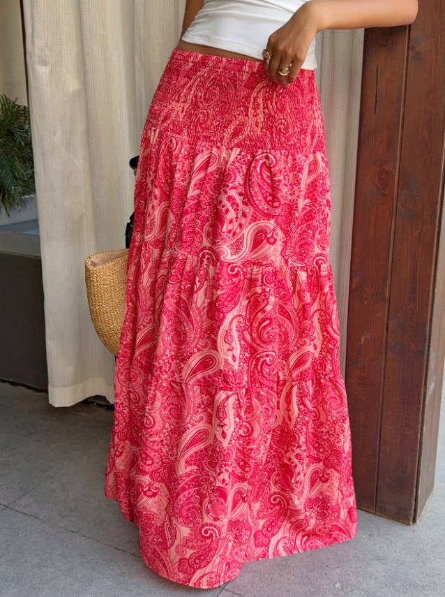 Beach Boho Floral Paisley Smocked Waistband Maxi Skirt