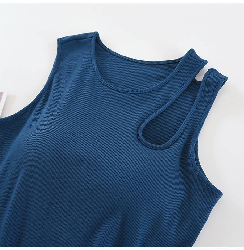Shoulder cutout round neck rib knit built-in bra tank top