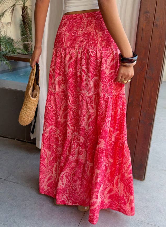 Beach Boho Floral Paisley Smocked Waistband Maxi Skirt