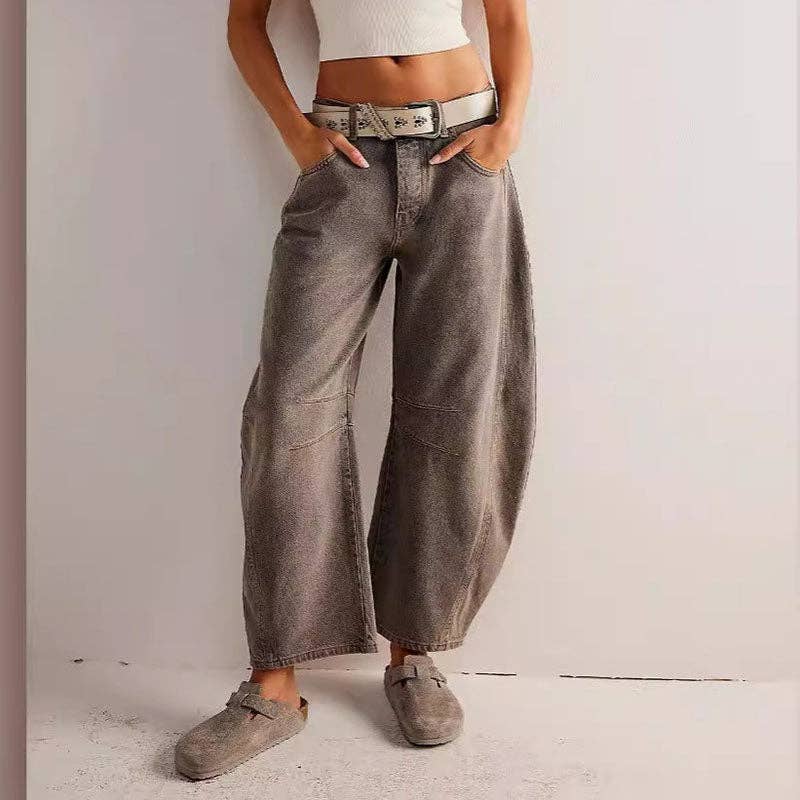Washed White Mid Rise Loose Barrel Jeans