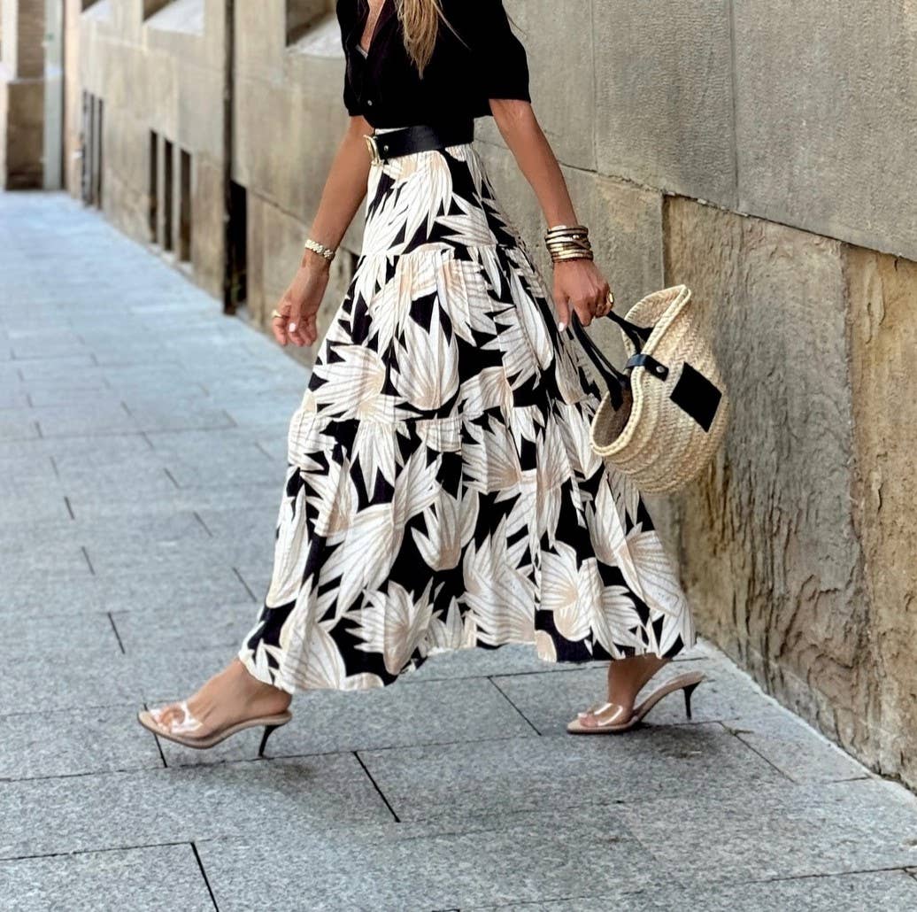 Vintage Print Elasticated Waisted Casual Skirt