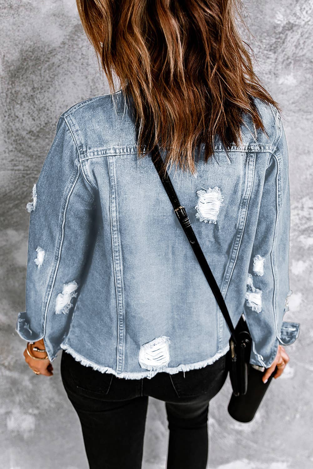 LDC Lapel Distressed Raw Hem Buttons Denim Jacket
