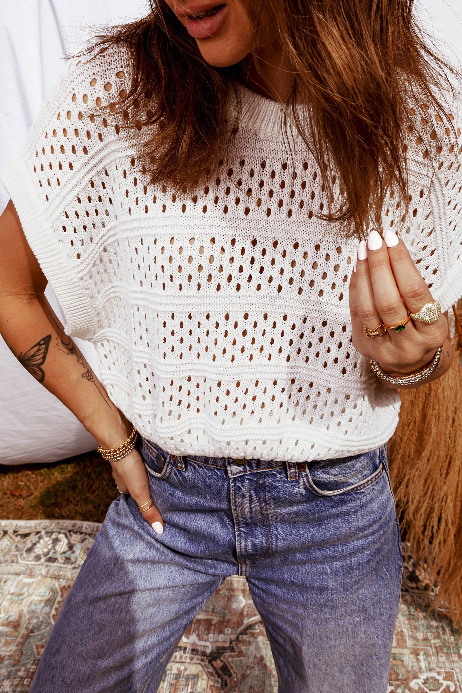 Spring 2026 Hollow Out Knit Round Neck Dolman Sweater | S-4X