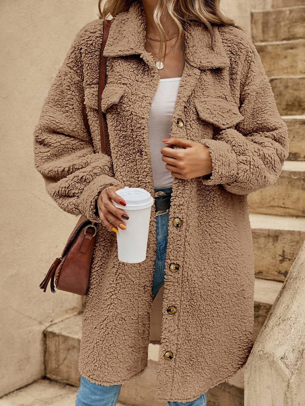 Women's Fleece Button-Front Cardigan Jacket with Pockets
