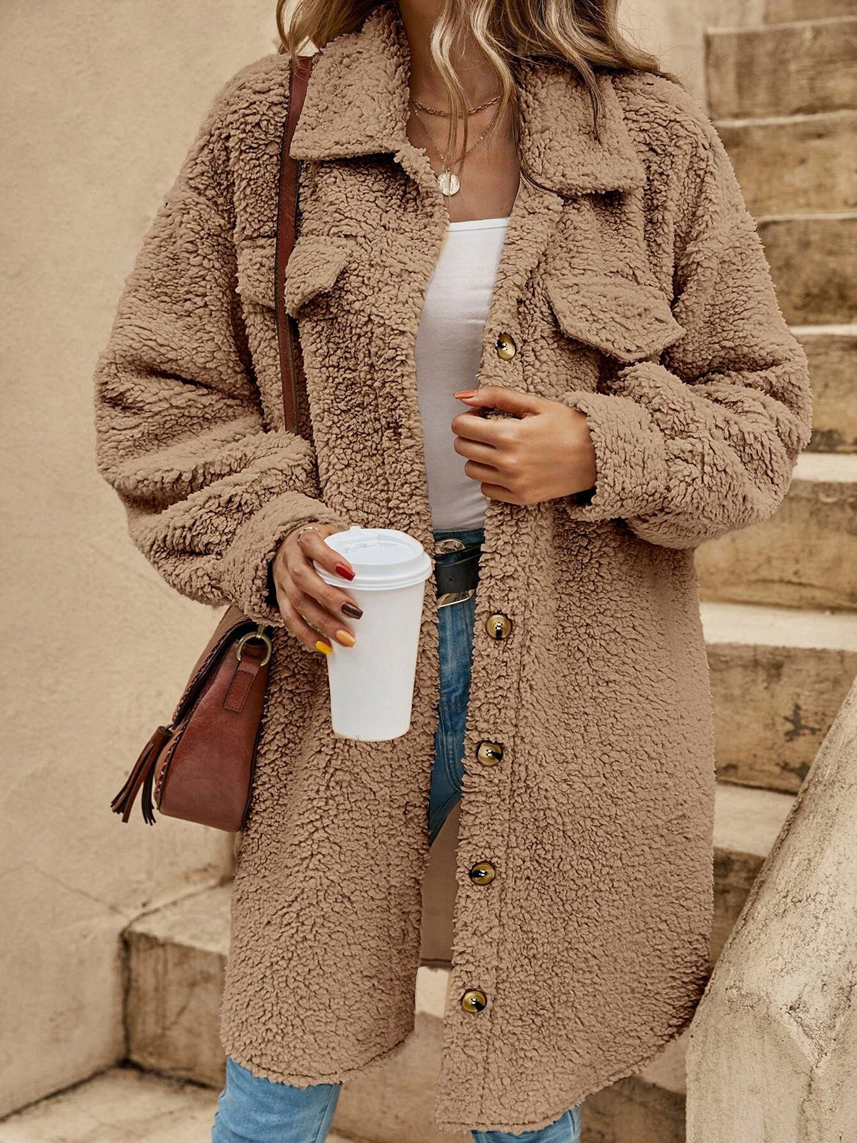 Women's Fleece Button-Front Cardigan Jacket with Pockets