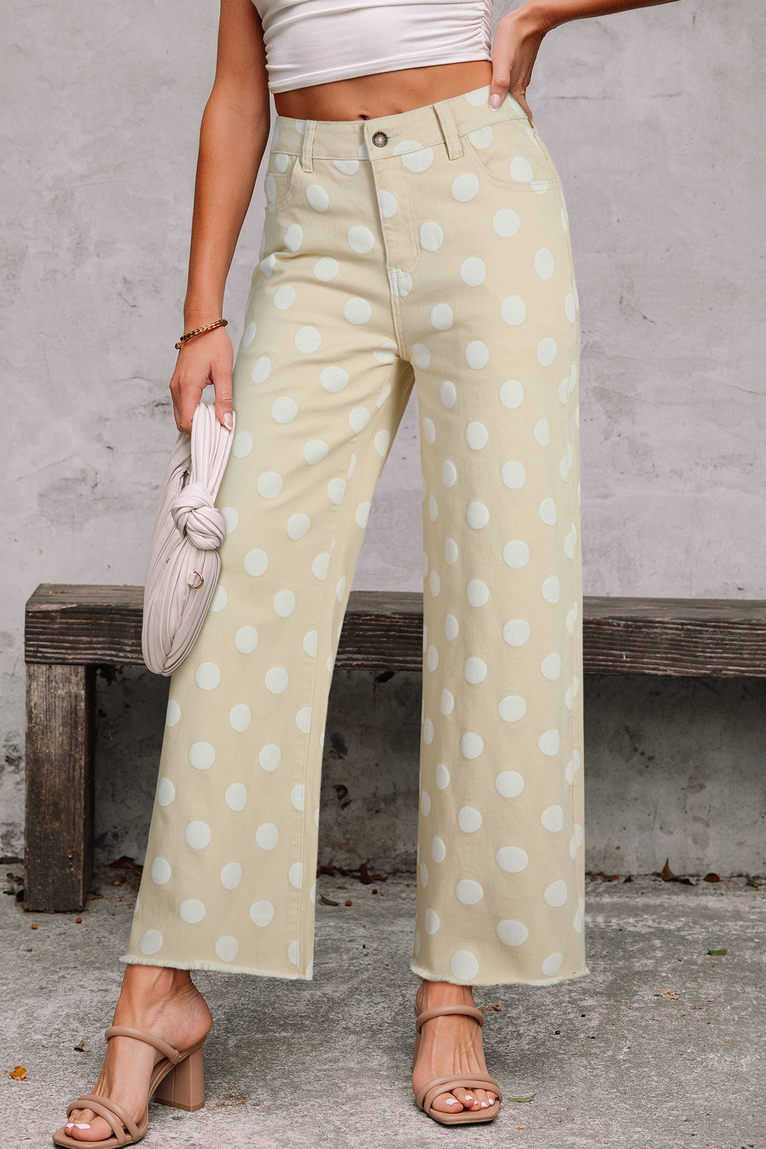 Leopard /Polka Dot Frayed Edge Wide Leg High Waist Jeans