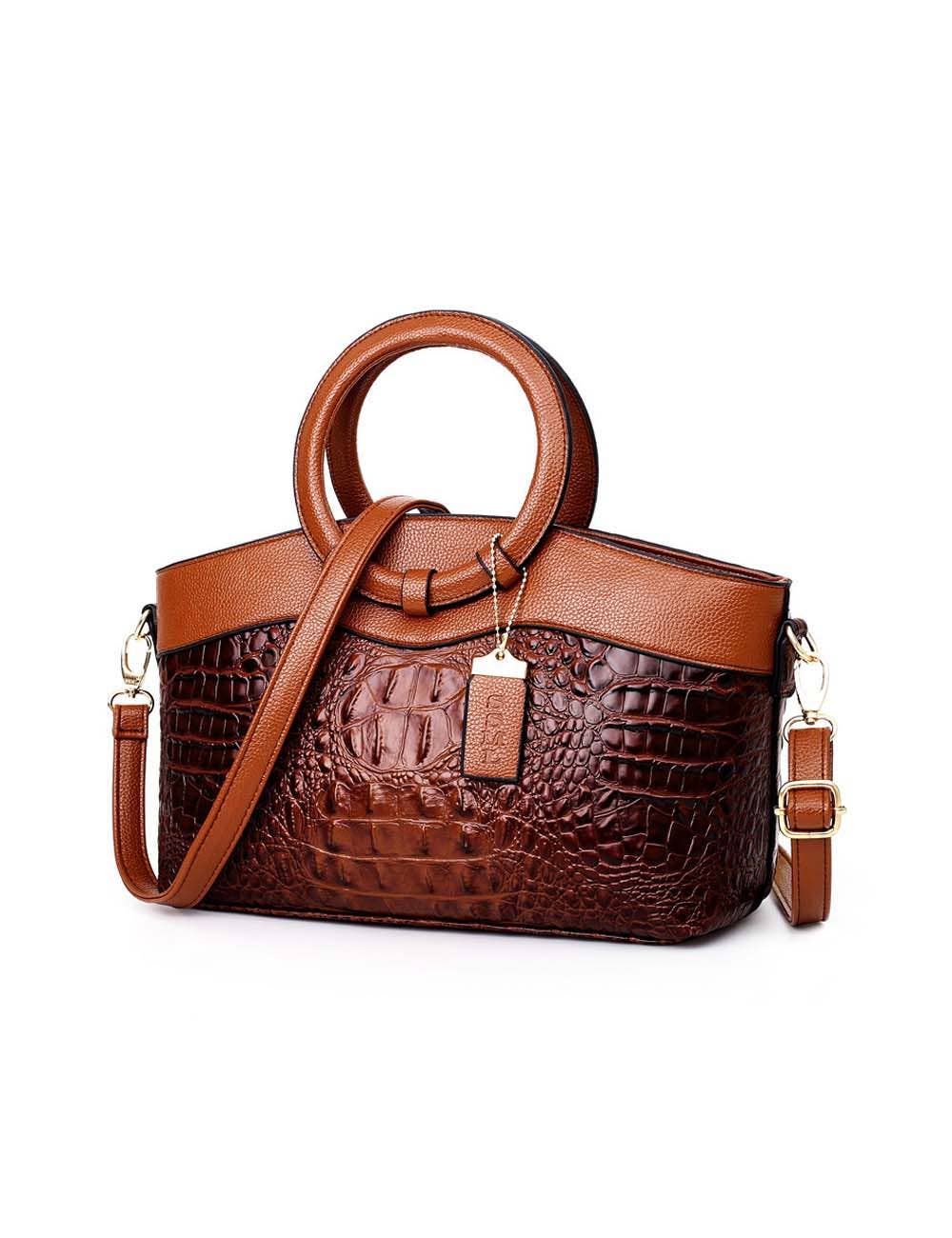 Vintage Round Top Handle Crocodile Pattern Tote Bag 8PU6BBG32