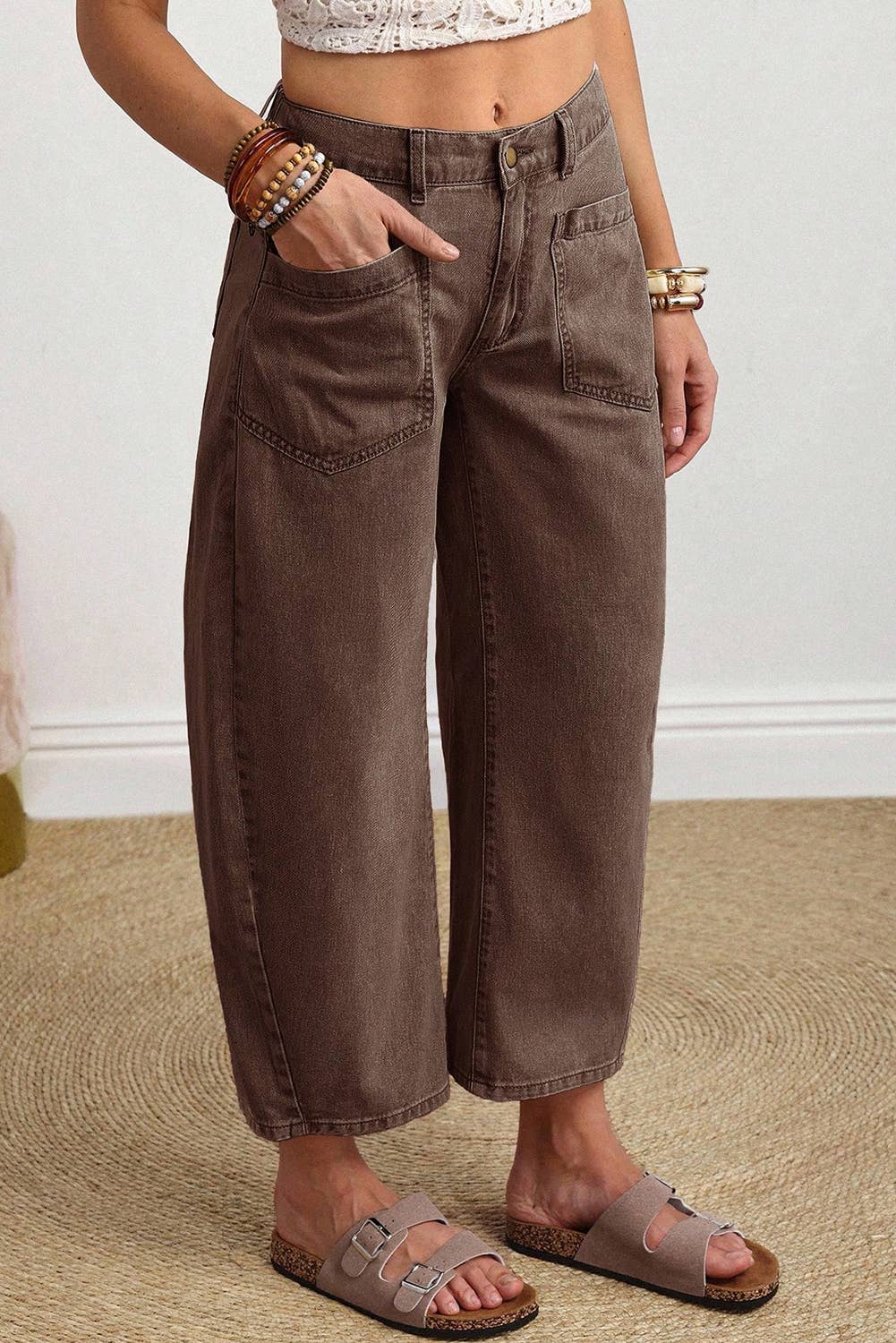 Solid Color Square Patch Pocket Ankle-length Barrel Jeans