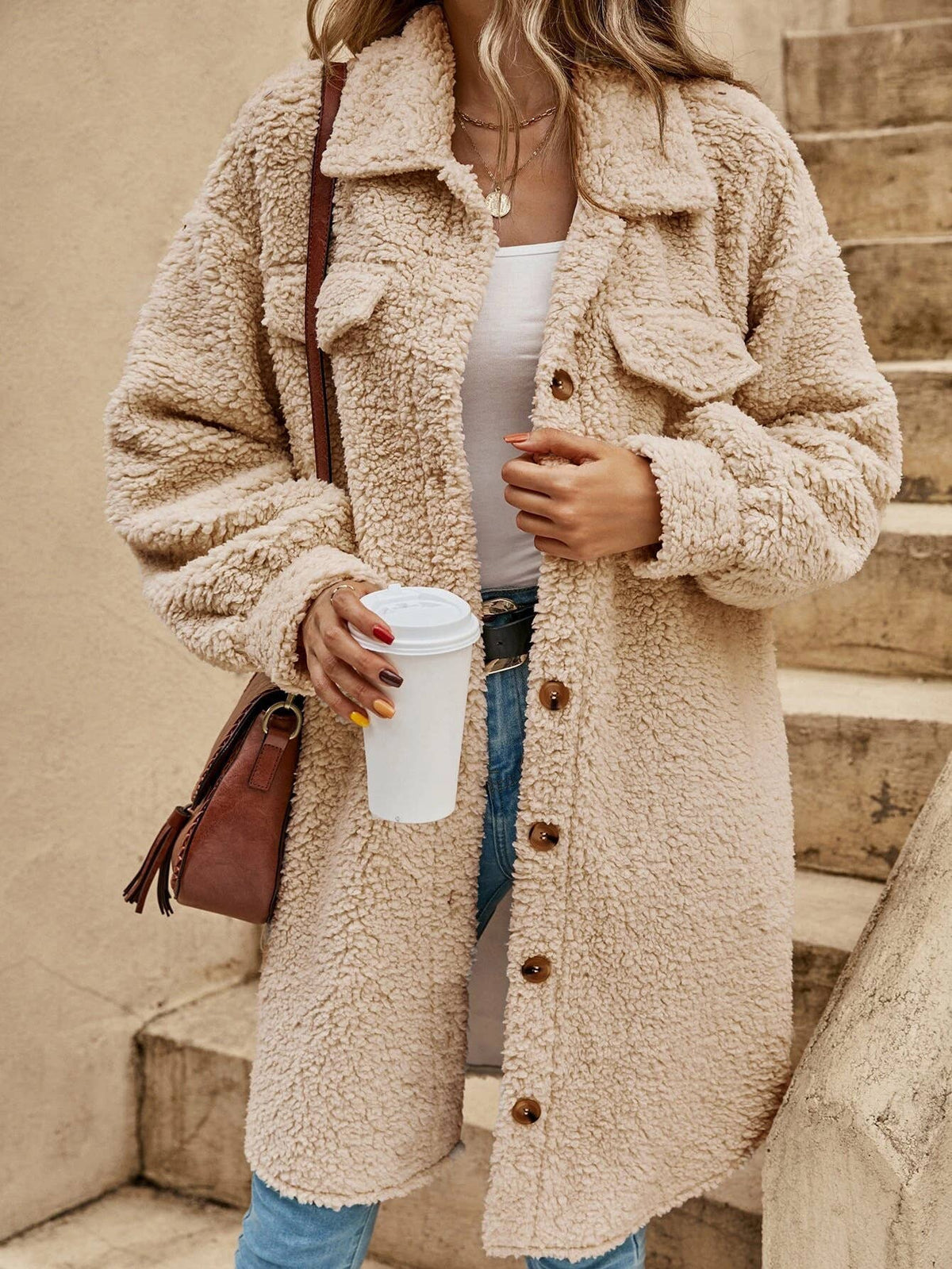 Women's Fleece Button-Front Cardigan Jacket with Pockets