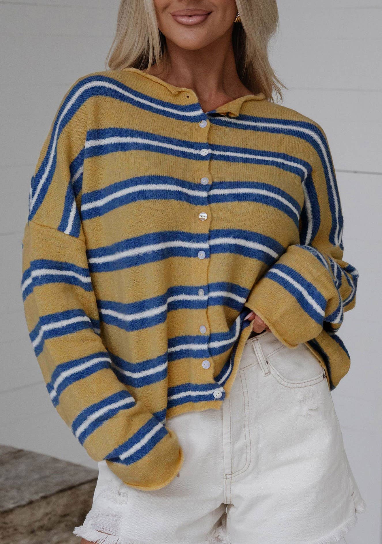 Button Front Long Sleeve Drop Shoulder Sweater Cardigan