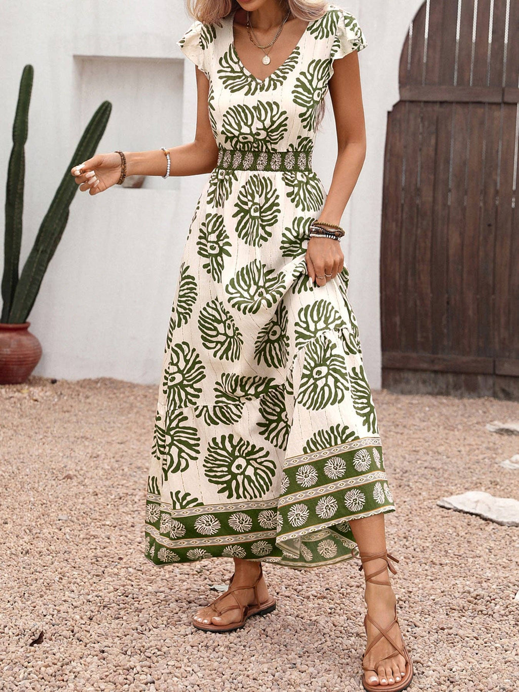 Boho Leather Pink Print V Neck Flutter Sleeve Maxi Dress