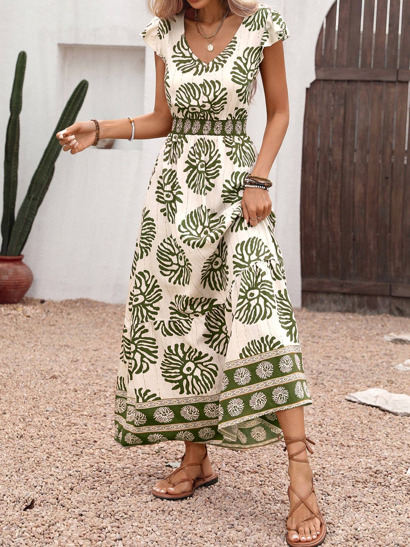 Boho Leather Pink Print V Neck Flutter Sleeve Maxi Dress