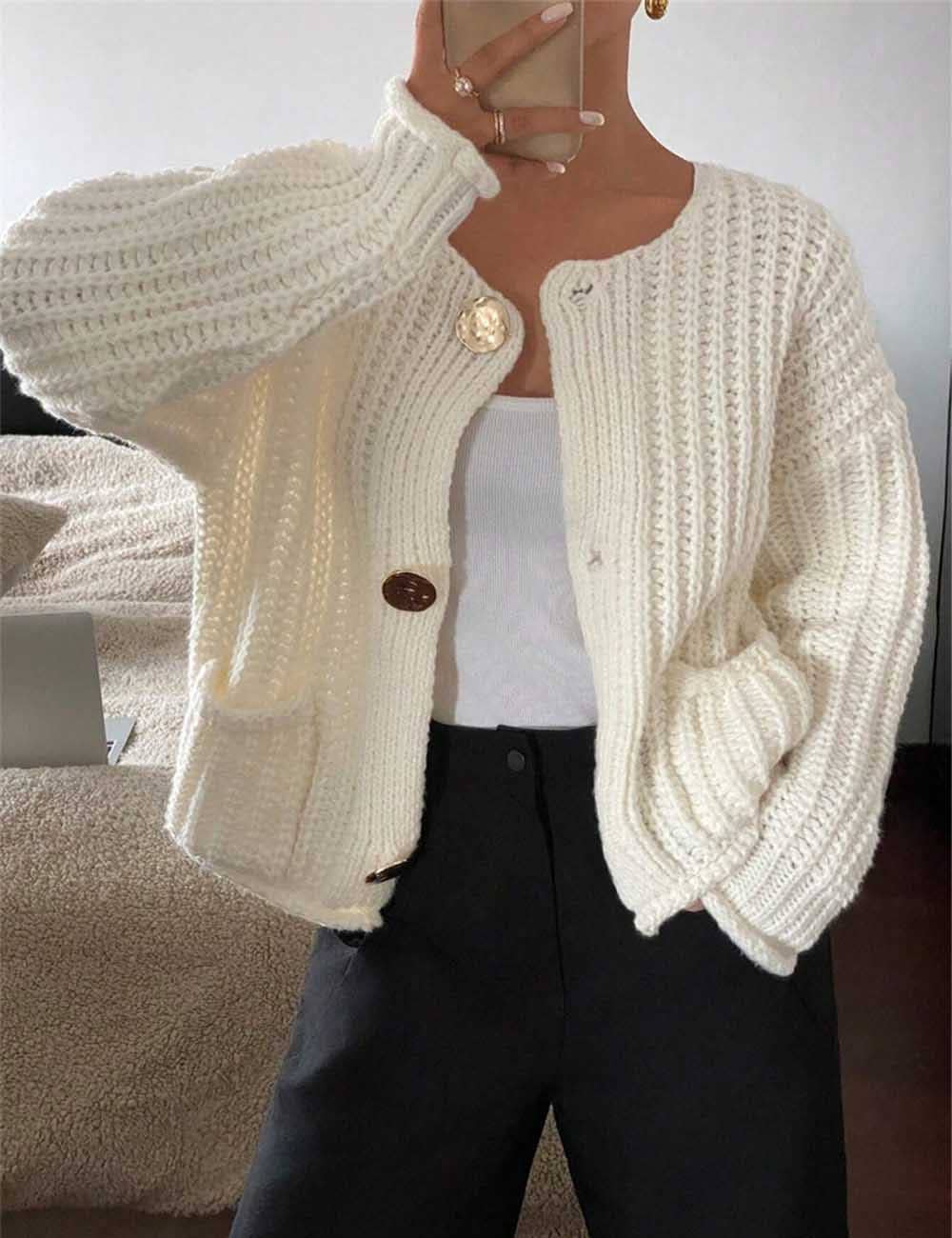 Round Neck Loose Long Sleeve Knit Cardigan MK2BLW6W1SCD17