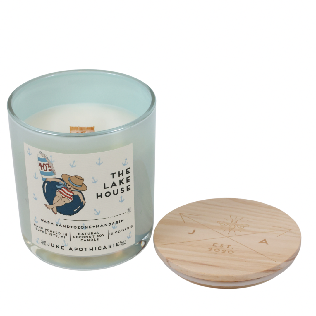 The Lake House 12 oz Glass Wooden Wick Candle
