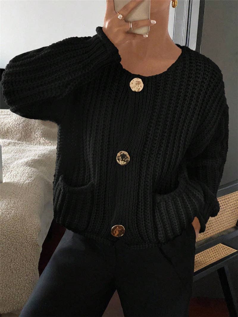 Round Neck Loose Long Sleeve Knit Cardigan MK2BLW6W1SCD17