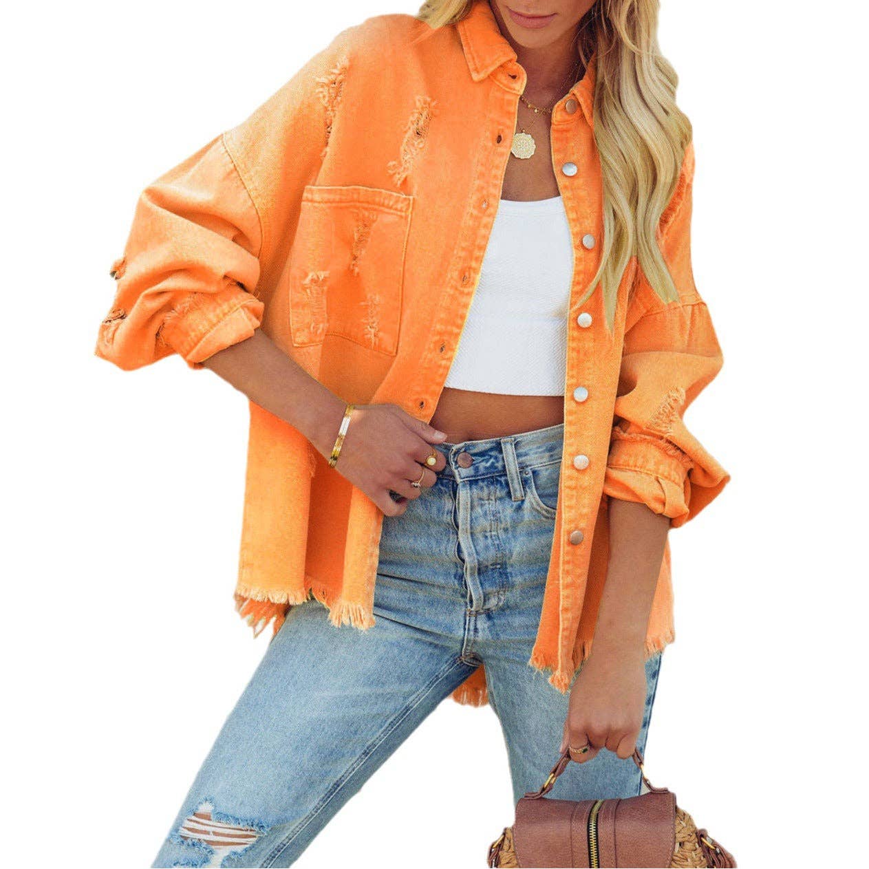 Vintage Lapel Collar Ripped Frayed Denim Jacket DP25E561