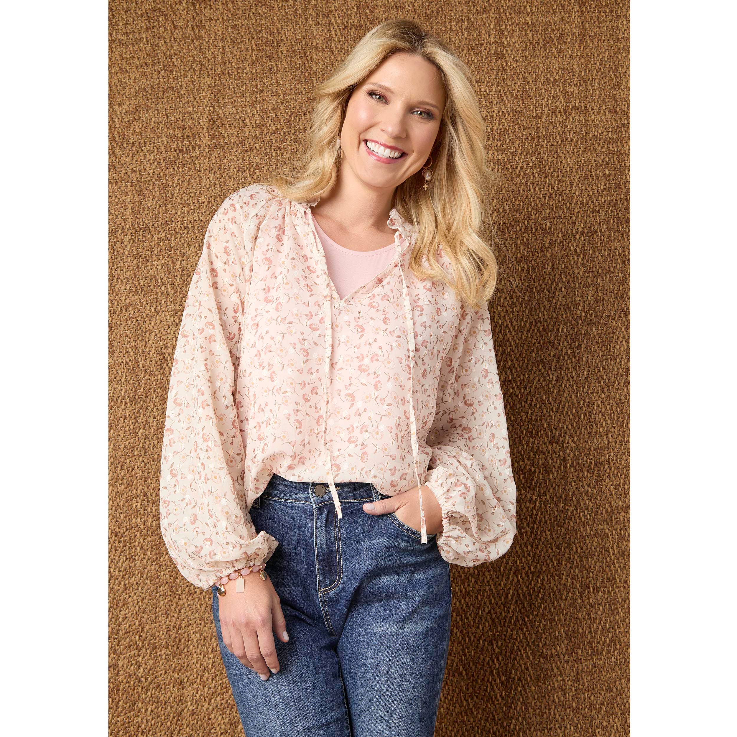 Maggie Flowy Chiffon V-Neck Top with Lurex