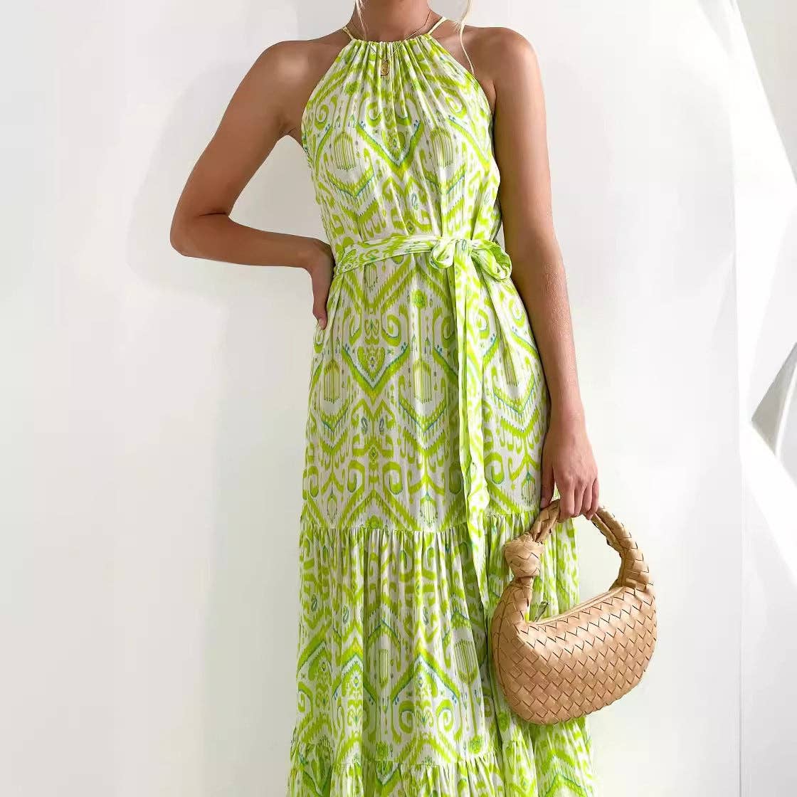 Women High Waist Beach Print Halter Dress