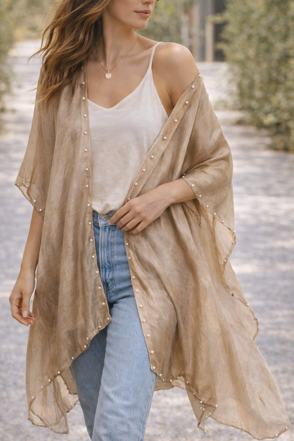 JC062557 Airy Pearl-Trim Silk-Blend Layering Kimono Cover-Up