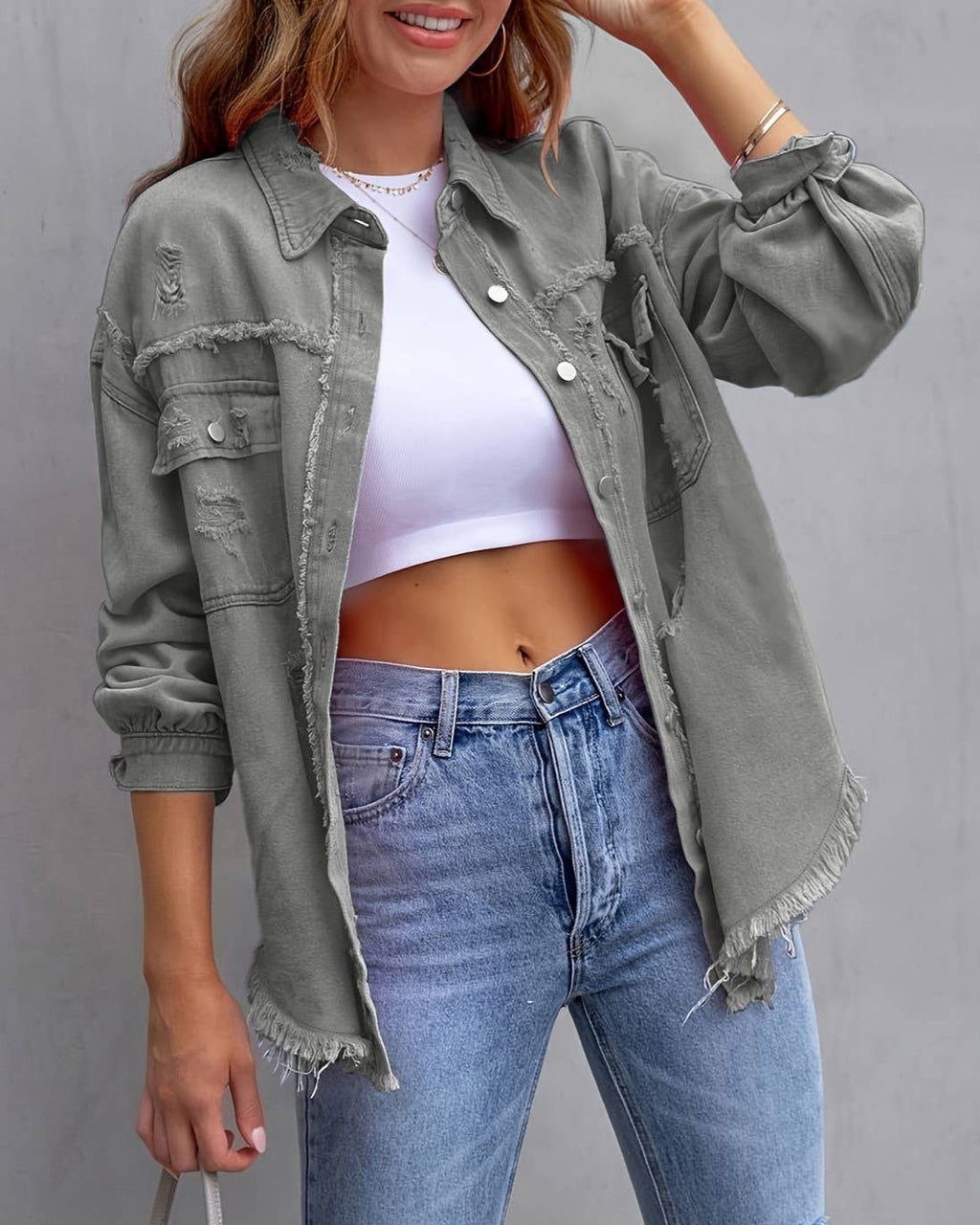 Ripped Long-Sleeved Denim Jacket