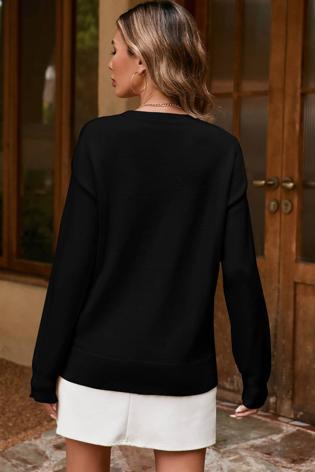 Boo Knitted Pattern Ribbed Edge Drop Shoulder Sweater