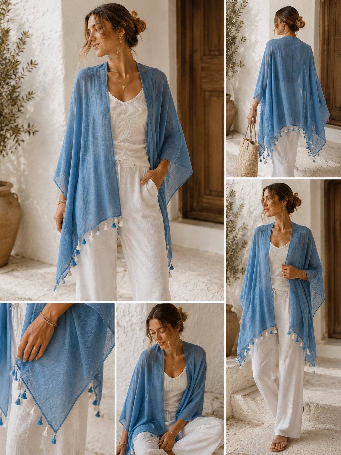 JC062614 Bohemian Stonewashed Cotton Kimono Wrap with Handmade Tassels