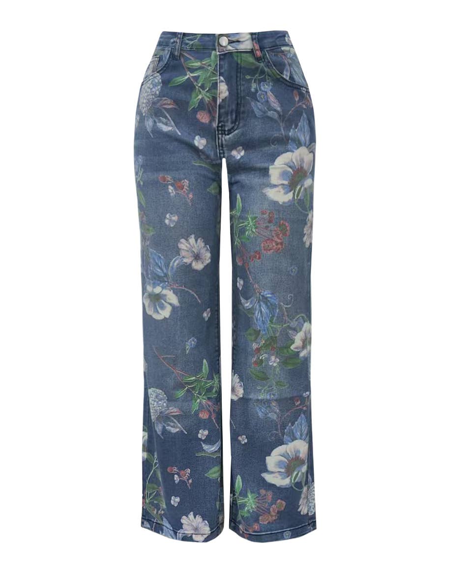 Floral printed blue jeans Straight Leg Long Pants