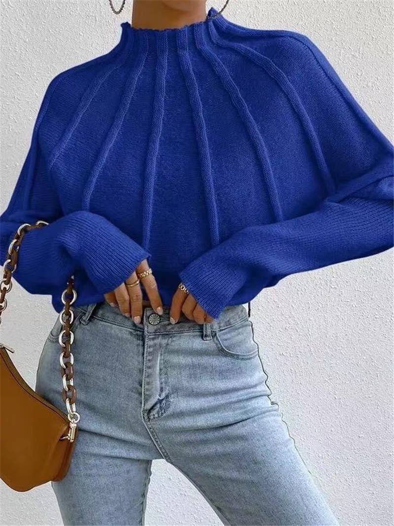 Wide Ribbed Mock neck Batwing Sleeve knit sweater
