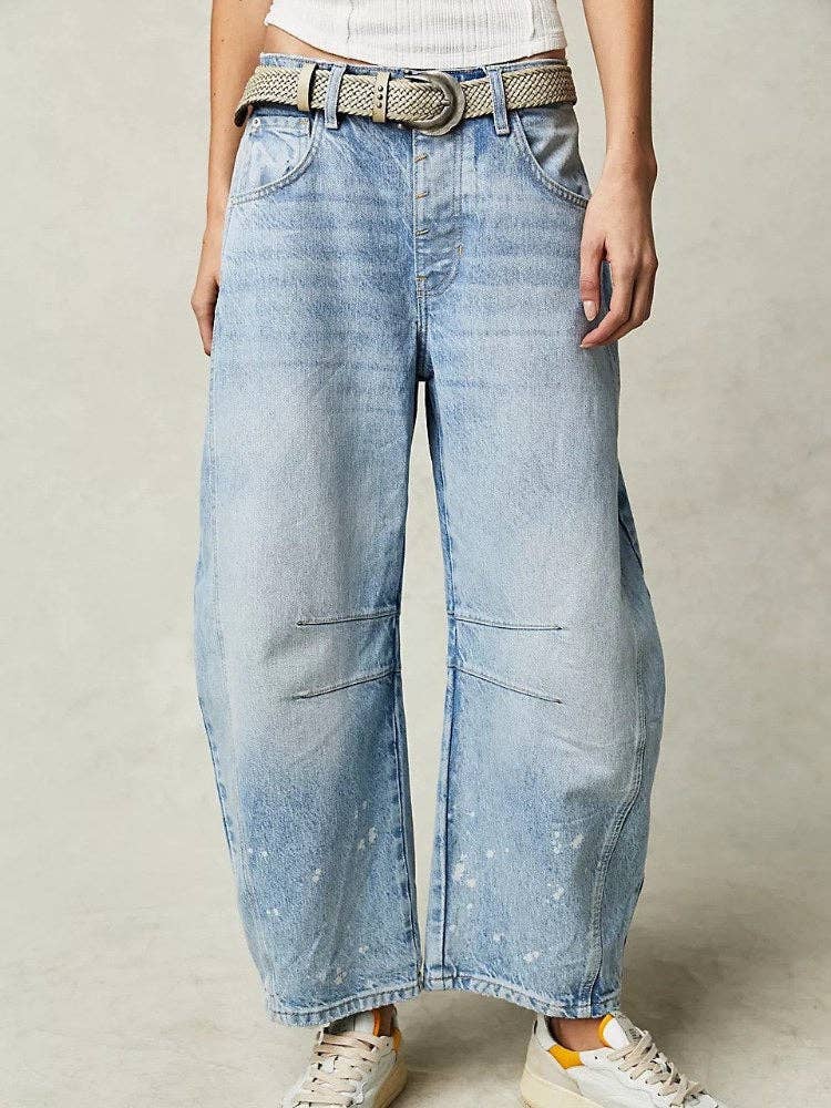 Washed White Mid Rise Loose Barrel Jeans