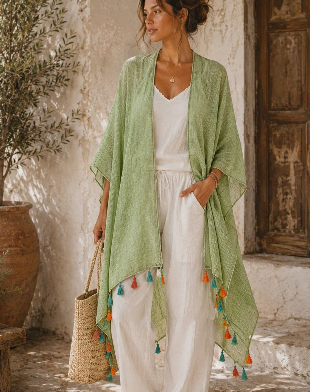 JC062614 Bohemian Stonewashed Cotton Kimono Wrap with Handmade Tassels