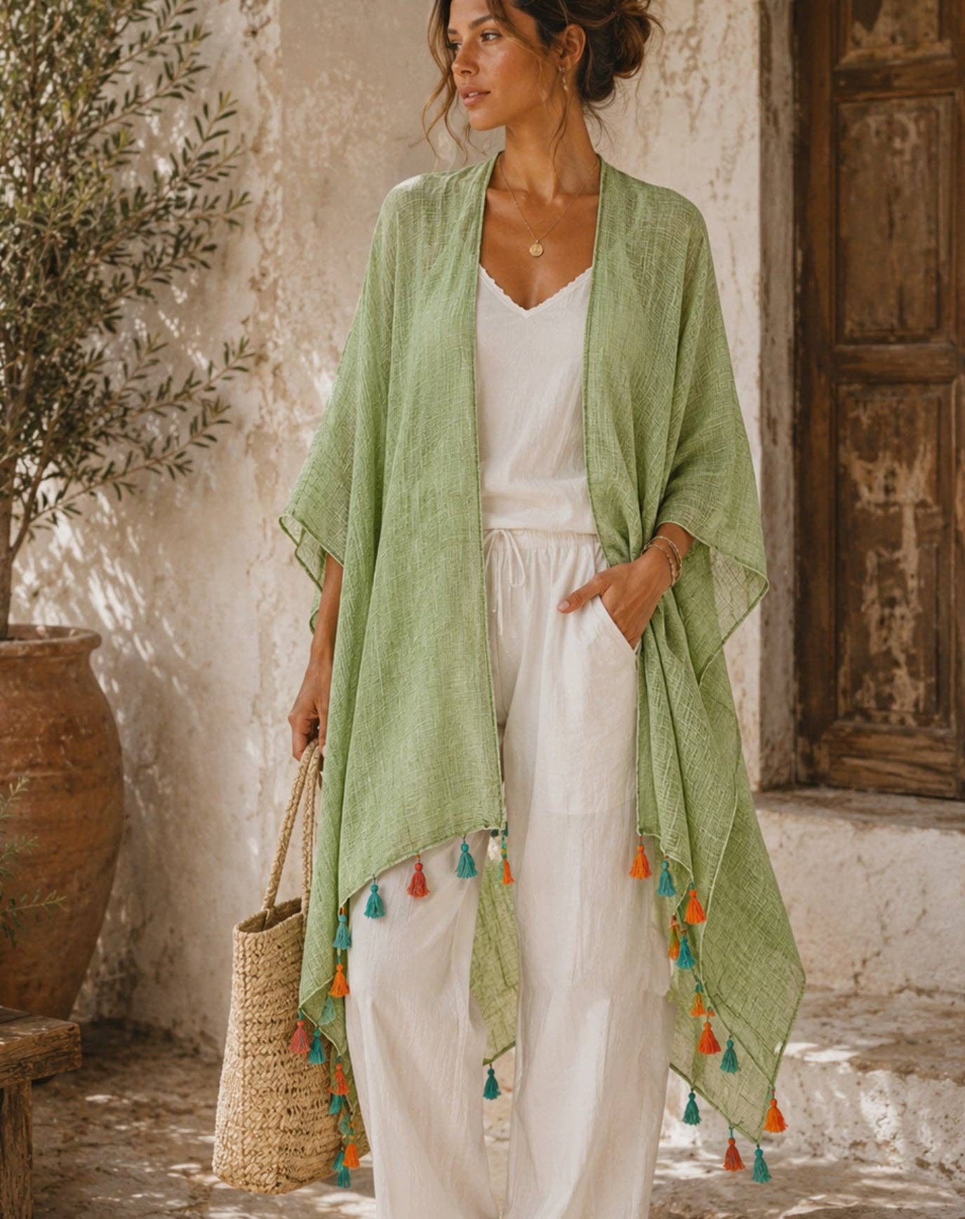 JC062614 Bohemian Stonewashed Cotton Kimono Wrap with Handmade Tassels