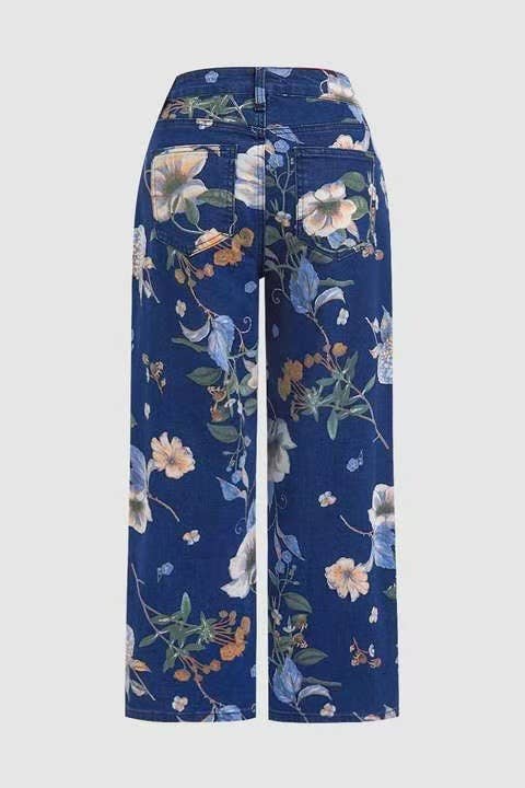 Floral printed blue jeans Straight Leg Long Pants