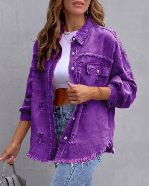 Ripped Long-Sleeved Denim Jacket