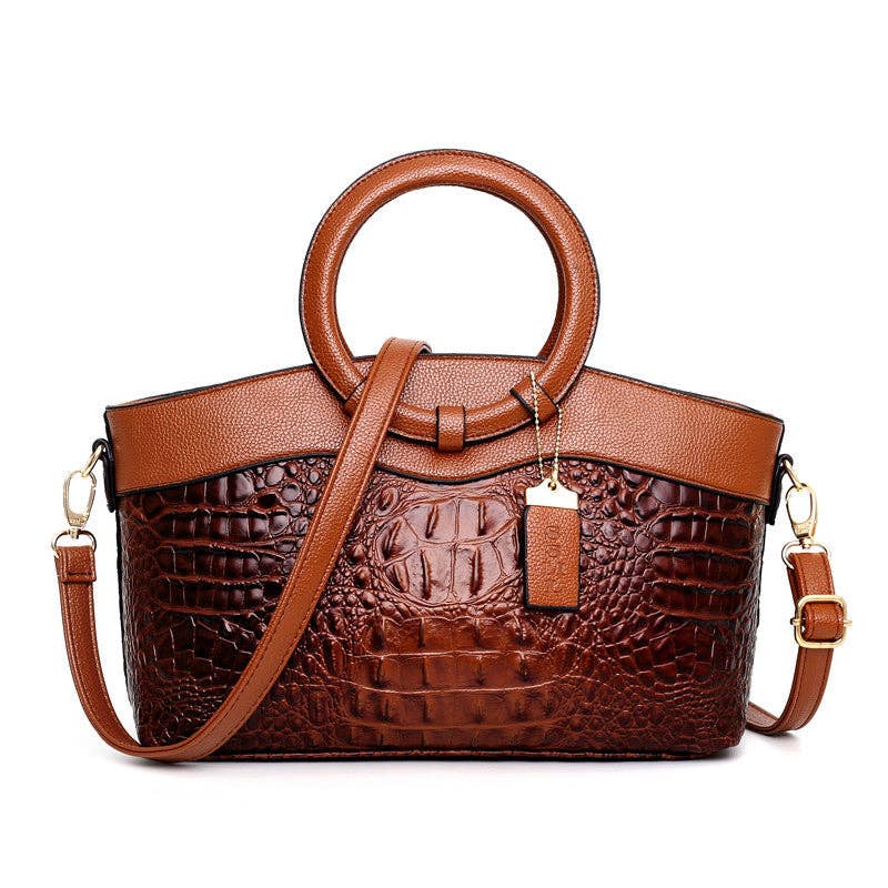 Vintage Round Top Handle Crocodile Pattern Tote Bag 8PU6BBG32