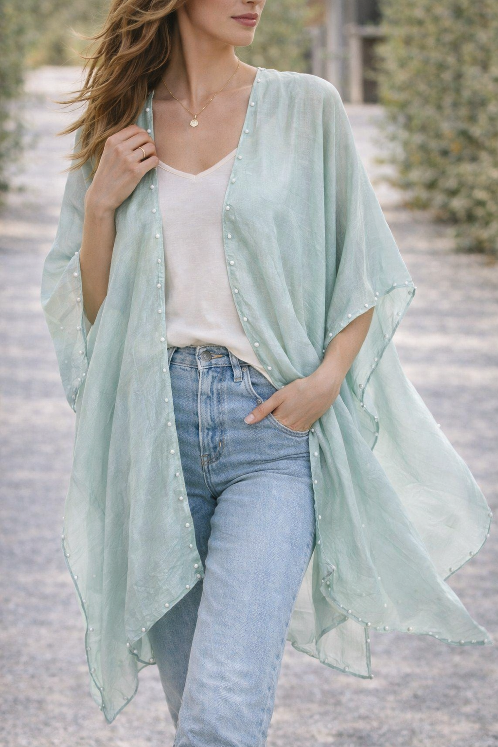 JC062557 Airy Pearl-Trim Silk-Blend Layering Kimono Cover-Up