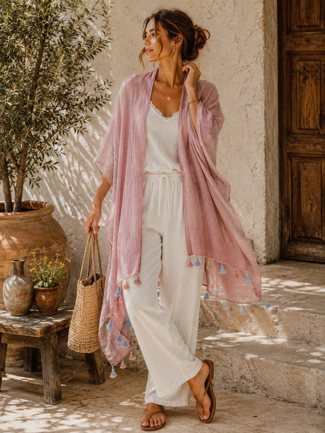 JC062614 Bohemian Stonewashed Cotton Kimono Wrap with Handmade Tassels