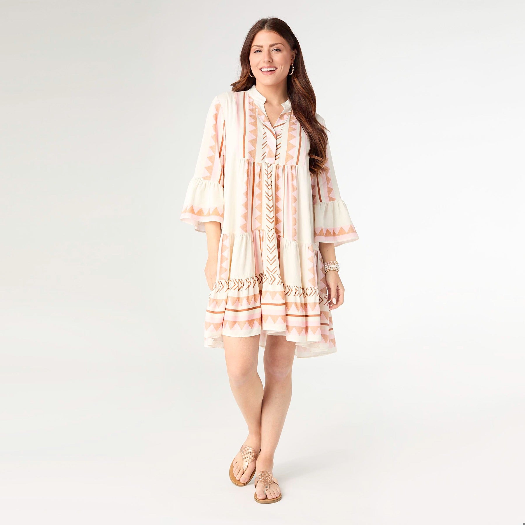 Tiffani Ruffle Sleeve Dress - Ivory/Pink S/M